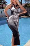 Black Casual Print Hollowed Out O Neck Sleeveless Dress Dresses