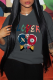 Dark Gray Street Vintage Print Draw String Hooded Collar Tops