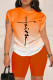 Orange Red Casual Gradual Change Print Basic O Neck Short Sleeve Two Pieces