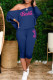 Blue Casual Print Basic Oblique Collar Long Sleeve Two Pieces