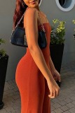 Red-brown Sexy Casual Solid Backless Strapless Skinny Jumpsuits