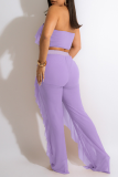 Light Purple Casual Solid Tassel Patchwork Mesh Off the Shoulder Sleeveless Two Pieces