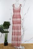 Coffee Casual Striped Tassel Backless Knotted Mesh U Neck Irregular Dress Dresses
