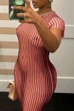 Pale Red Casual Print Basic O Neck Short Sleeve Dress Dresses