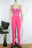 Rose Red Sexy Solid Patchwork Backless Hot Drill Spaghetti Strap Sleeveless Two Pieces