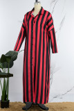 Red Casual Striped Print Patchwork Turndown Collar Shirt Dress Dresses