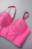 Rose Red Sexy Solid Patchwork Backless Hot Drill Spaghetti Strap Sleeveless Two Pieces