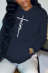 Navy Blue Street Daily Print Draw String Letter Hooded Collar Tops