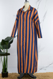 Red Casual Striped Print Patchwork Turndown Collar Shirt Dress Dresses