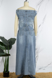 Sky Blue Casual Solid Slit Off the Shoulder Sleeveless Two Pieces