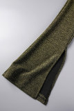 Gold Casual Solid Hollowed Out V Neck Long Sleeve Two Pieces