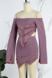 Bare Color Sexy Solid Backless Asymmetrical Off the Shoulder Long Sleeve Two Pieces