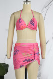 Pink Sexy Letter Patchwork Fold Strap Design 3 Piece Sets