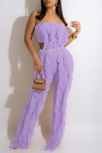 Light Purple Casual Solid Tassel Patchwork Mesh Off the Shoulder Sleeveless Two Pieces