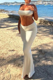 White Sexy Solid Backless Slit Strapless Sleeveless Two Pieces