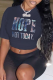 Navy Blue Casual Street Print Patchwork Letter O Neck T-Shirts