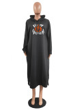 Red Casual Print Basic Hooded Collar Long Sleeve Dresses