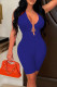 Blue Sexy Solid Backless Halter Skinny Romper