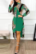 Green Elegant Print Patchwork Slit Half A Turtleneck One Step Skirt Dresses(Two Pieces)