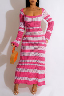 Rose Red Casual Patchwork Contrast Square Collar Long Sleeve Dresses