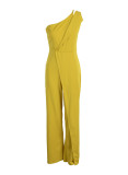 Yellow Fashion Casual Solid Patchwork Asymmetrical Collar Straight Jumpsuits