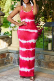 Rose Red Sexy Casual Print Backless Spaghetti Strap Long Dress Dresses