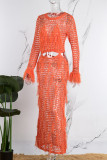 Orange Sexy Solid Hollowed Out See-through O Neck Beach Dress Dresses