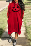 Red Casual Print Basic Hooded Collar Long Sleeve Dresses