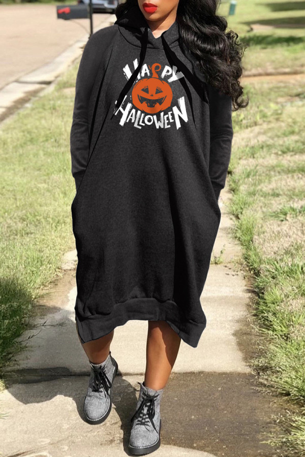 Black Casual Print Basic Hooded Collar Long Sleeve Dresses
