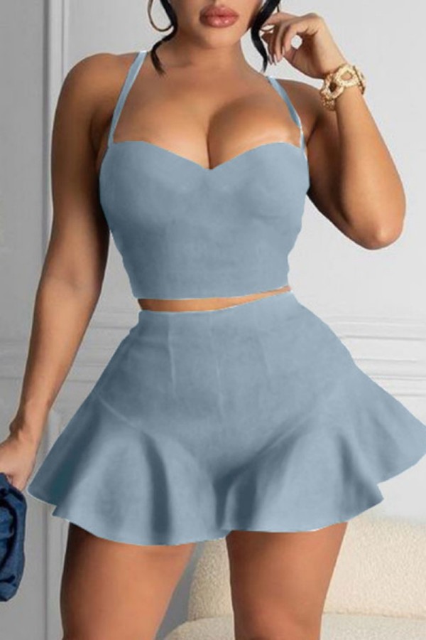 Light Blue Sexy Casual Solid Backless Spaghetti Strap Sleeveless Two Pieces