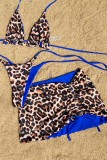 Purple Sexy Print Leopard Bandage Backless Swimsuit Three Piece Set (With Paddings)