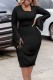 Black Casual Solid Patchwork Oblique Collar Long Sleeve Dresses