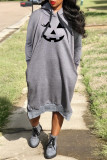 Red Casual Print Basic Hooded Collar Long Sleeve Dresses