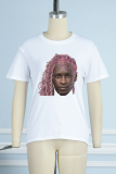 White Casual Street Print Patchwork O Neck T-Shirts