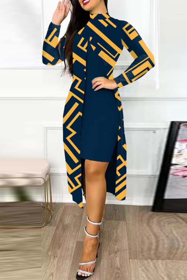 Black Yellow Elegant Print Patchwork Slit Half A Turtleneck One Step Skirt Dresses(Two Pieces)