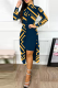 Black Yellow Elegant Print Patchwork Slit Half A Turtleneck One Step Skirt Dresses(Two Pieces)