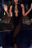 Blue Sexy Solid Lace Hollowed Out See-through Mesh O Neck Skinny Jumpsuits