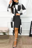 Red Elegant Print Patchwork Slit Half A Turtleneck One Step Skirt Dresses(Two Pieces)