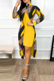 Red Elegant Print Patchwork Slit Half A Turtleneck One Step Skirt Dresses(Two Pieces)