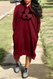 Red Casual Print Basic Hooded Collar Long Sleeve Dresses