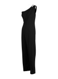 Black Fashion Casual Solid Patchwork Asymmetrical Collar Straight Jumpsuits