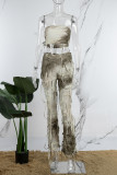 Apricot Sexy Casual Print Tie Dye Backless Strapless Sleeveless Two Pieces (Subject To The Actual Object)