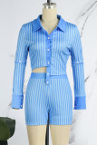 Sky Blue Casual Striped Print Patchwork Slit Shirt Collar Long Sleeve Two Pieces