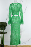 Green Sexy Solid Hollowed Out See-through O Neck Beach Dress Dresses