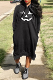 Red Casual Print Basic Hooded Collar Long Sleeve Dresses