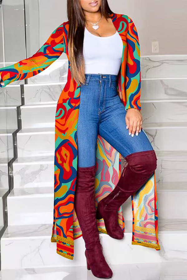 Red Casual Print Patchwork Slit Cardigan Collar Outerwear