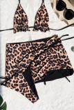 Blue Sexy Print Leopard Bandage Backless Swimsuit Three Piece Set (With Paddings)