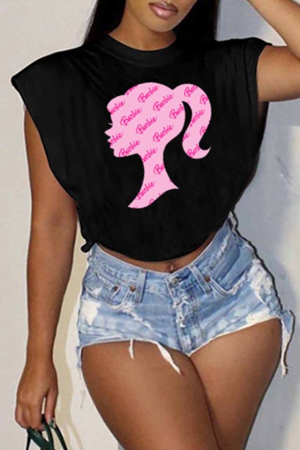 Black Street Print Letter O Neck Tops