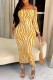 Yellow Casual Print Backless Off the Shoulder One Step Skirt Dresses