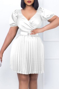 White Casual Solid Patchwork With Belt V Neck Pleated Short Sleeve Dress